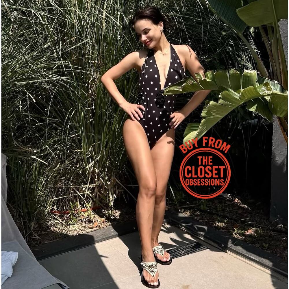 Zara NWT Black Polka Dot Halter Plunge One Piece Swimsuit L - Picture 7 of 12